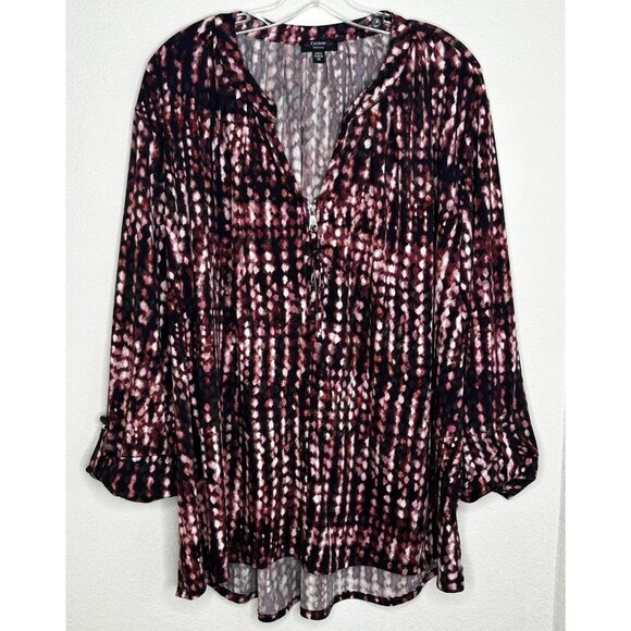 Cocomo Woman Blouse Womens 3X Black Pink Abstract Ikat Zip V Neck Tunic Stretch - Picture 1 of 12